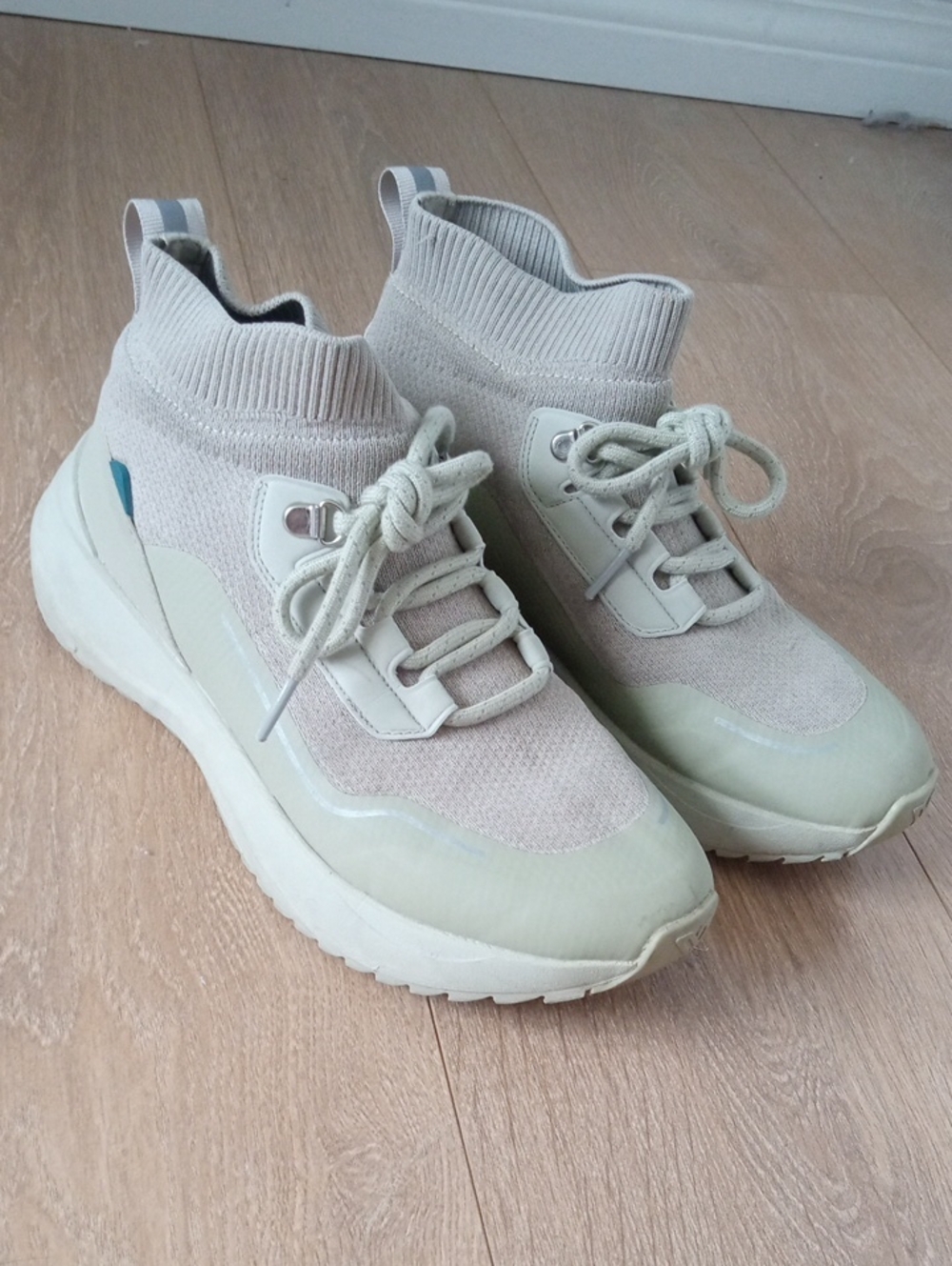 Vessi Beige Knit High-Top Sneakers with Light Green Accents